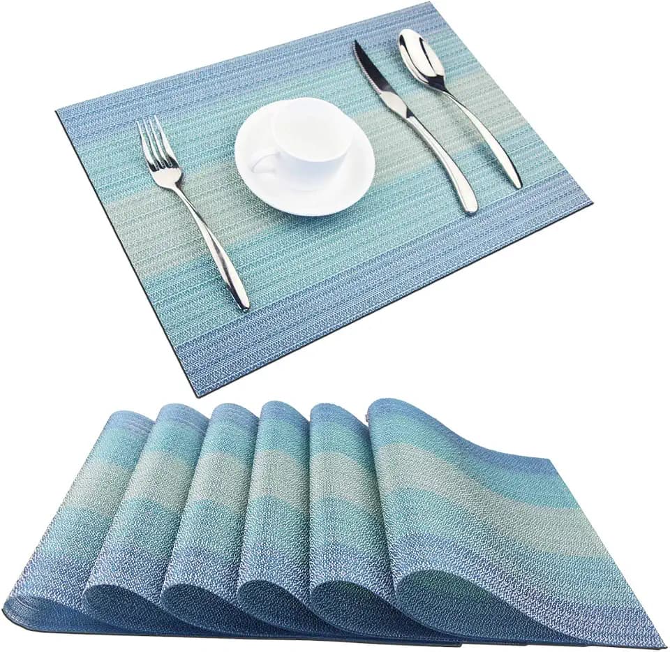 PIGCHCY Placemat,Washable Woven Non-Slip Insulation Durable Placemat Vinyl Table Mat Set of 6 (6pcs Placemats, Coastal Blue)
