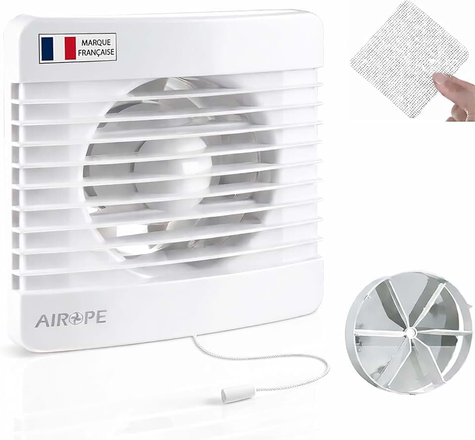 Abluftventilator Badlüfter Rohrventilator 125 mm mit Zugschnurschalter, Rückstauklappe + Insektenschutzgitter, 9.1 W, 152 m³/h, für Bad WC Küche, Wand- & Deckenmontage, Weiß, 5 Jahre Garantie