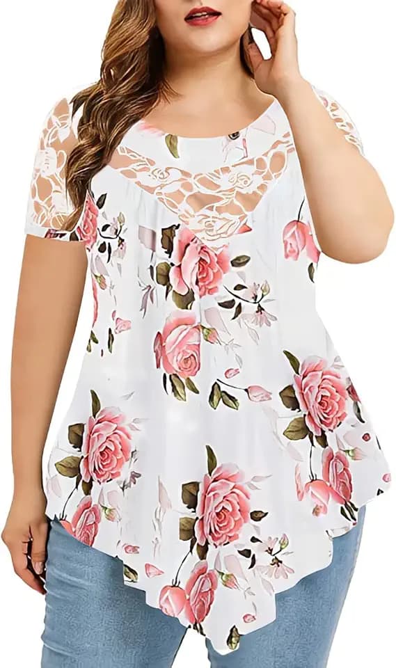 Plus Size Tops for Women Floral Print Short Sleeve O-Neck Shirts Lace Tunic Tops Asymmetric Hem Tees Casual Sexy White#Floral L