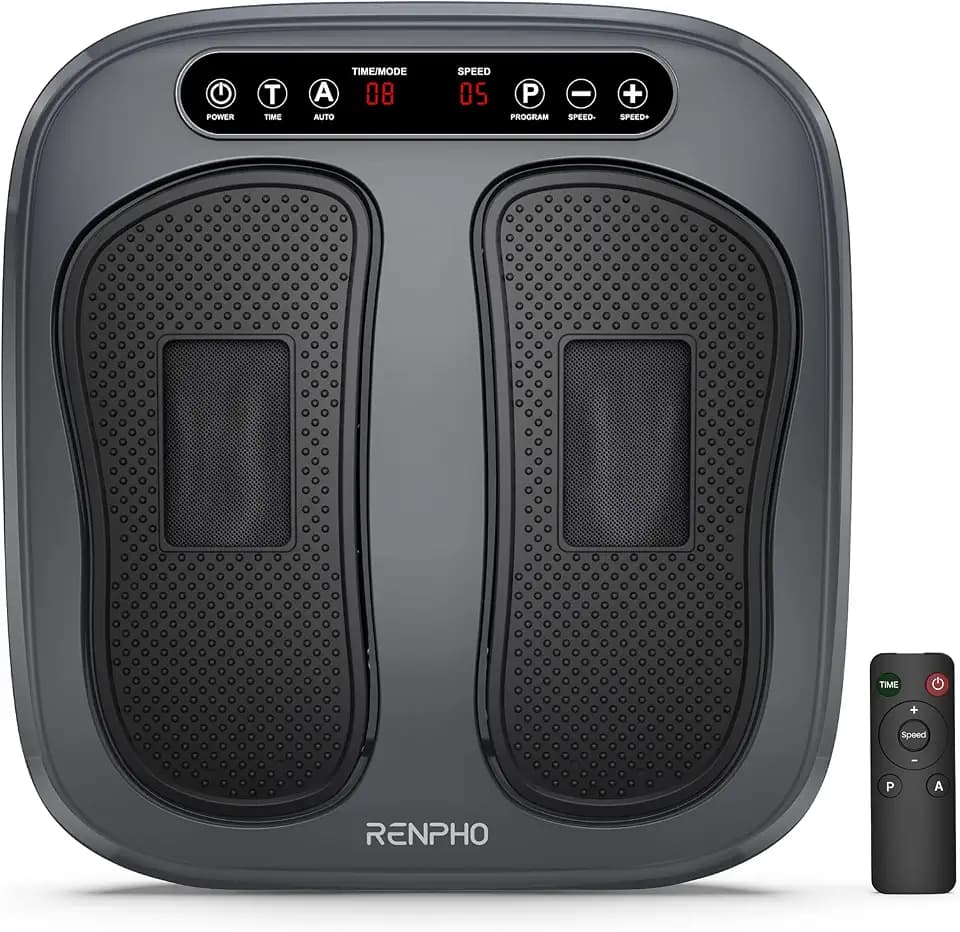 RENPHO Vibrations-Fußmassagegerät mit 20 Vibrationsstufen & Fernbedienung | 5 Modi, 3 Autotimer, Waschbare Silikonauflage und Büro, zur Entspannung von Füßen und Waden, Geschenke für Männer, Grau