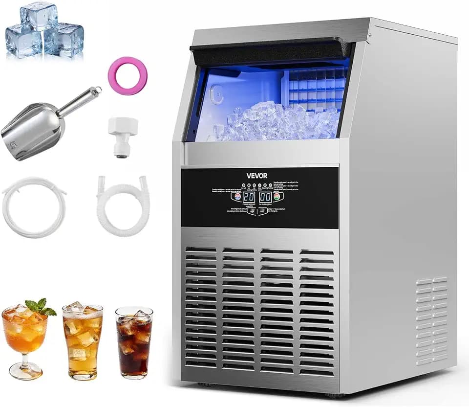 VEVOR Commercial Ice Maker Machine, 160 lbs/24h with 16-30 lbs Storage Capacity, Built-in/Freestanding/Under Counter, Stainless Steel Ice Maker with LED Display & Self-Cleaning, Home Bar Restaurant