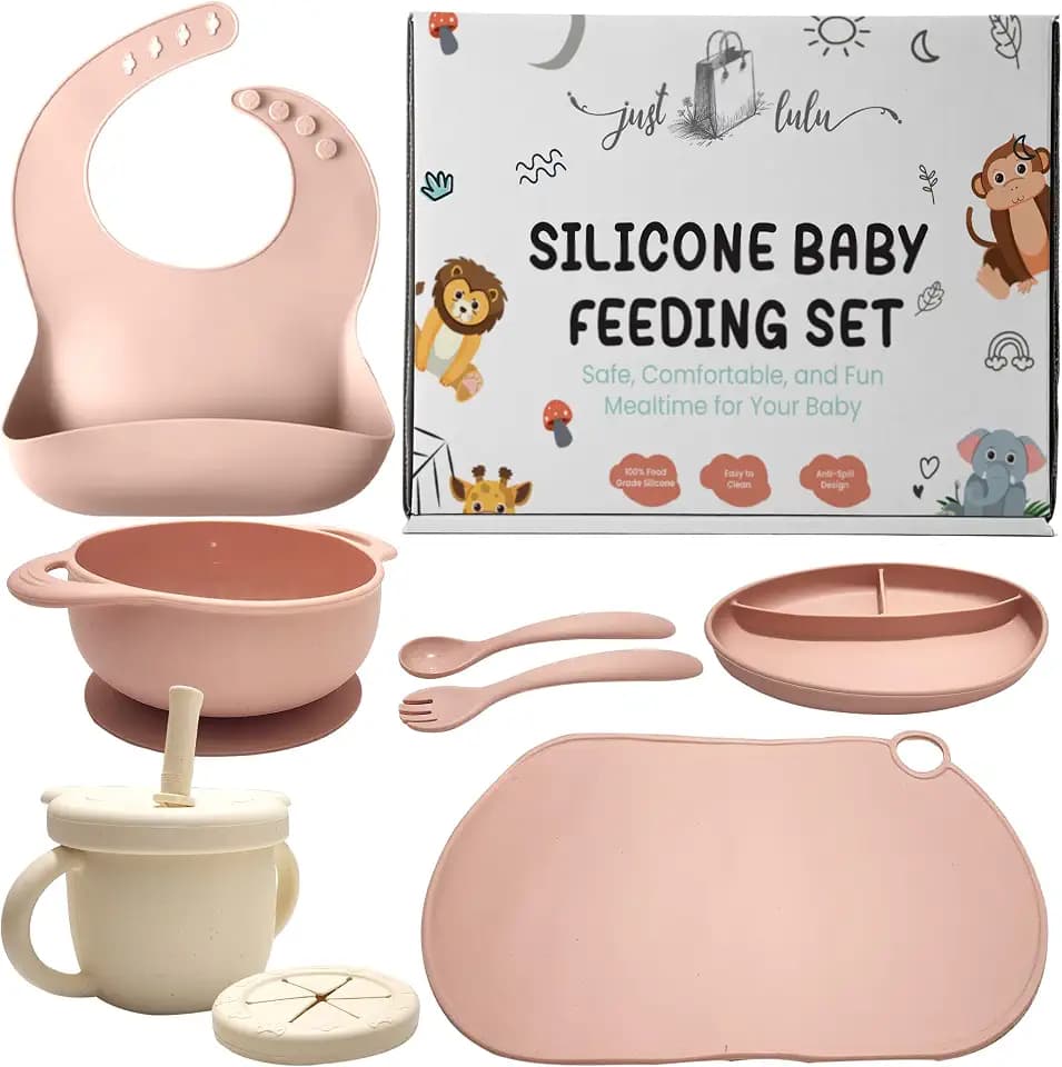 10-Piece Silicone Baby Feeding Set – Eco-Friendly, BPA-Free Baby Led Weaning Essentials with Suction Plate, Bowl, Bib, Mat, Straw & Snack Lid, Cup, Spoon & Fork - Milky White