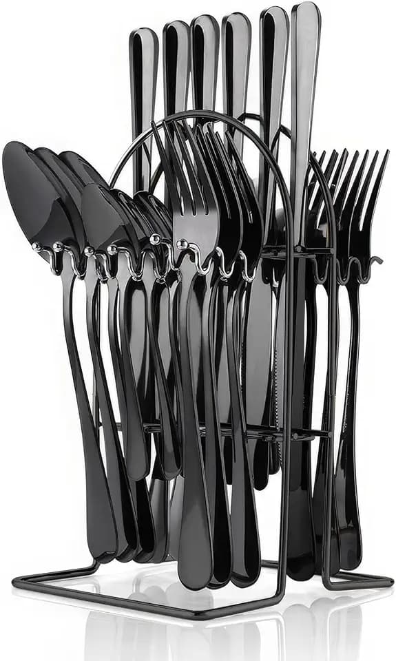 Flatware Set Rack,24 Piece Gilded Silverware Set with stand,Hanging Stainless Steel Utensils Set Service for 6,Eating Tableware Set Include Fork Knife Spoon Holder Set,Dishwasher Safe (Black)…
