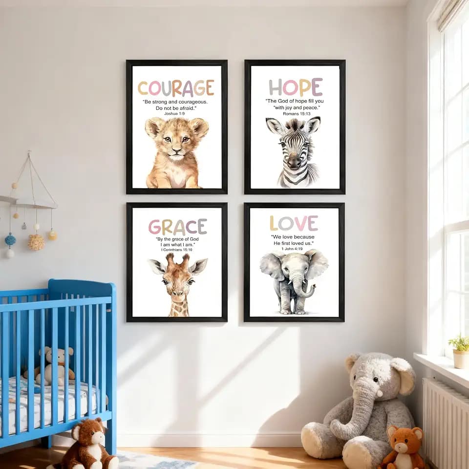 Safari Animals Nursery Wall Decor Set of 4, 16"x11" Cute Giraffe Elephant Tiger Zebra Print Bible Verses Animal Wall Art, Grace Love Courage Hope Scripture Sign Christian Posters for Baby Boy Playroom
