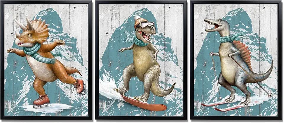 Derkymo 3 Pieces Winter Canvas Wall Art Dinosaur Picture Prints Winter Sport Art Sports Gift Idea for Nursery and Kids Room Modern Framed Canvas Artwork Teen Room Decor Easy to Hang 12"x16"x3 Pieces