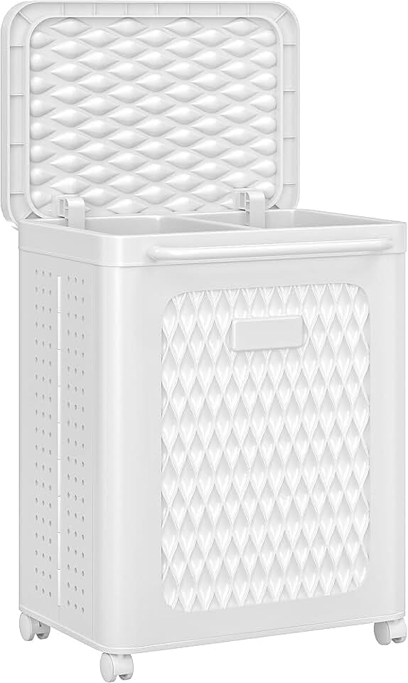 VECELO Rolling Laundry Hamper with Wheels and Lid, Foldable Plastic Laundry Basket with Handle, Rolling Divided Laundry Cart for Small Spaces, Laundry, Bathroom, Bedroom, White