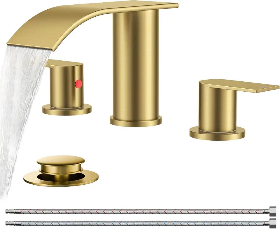 FORIOUS Bathroom Faucet 3 Hole 8 Inch Widespread Waterfall Brushed Gold