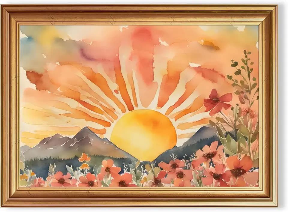 EJPFOGV Watercolor Sunrise Floral Mountain Framed Canvas Wall Art 16x24 in