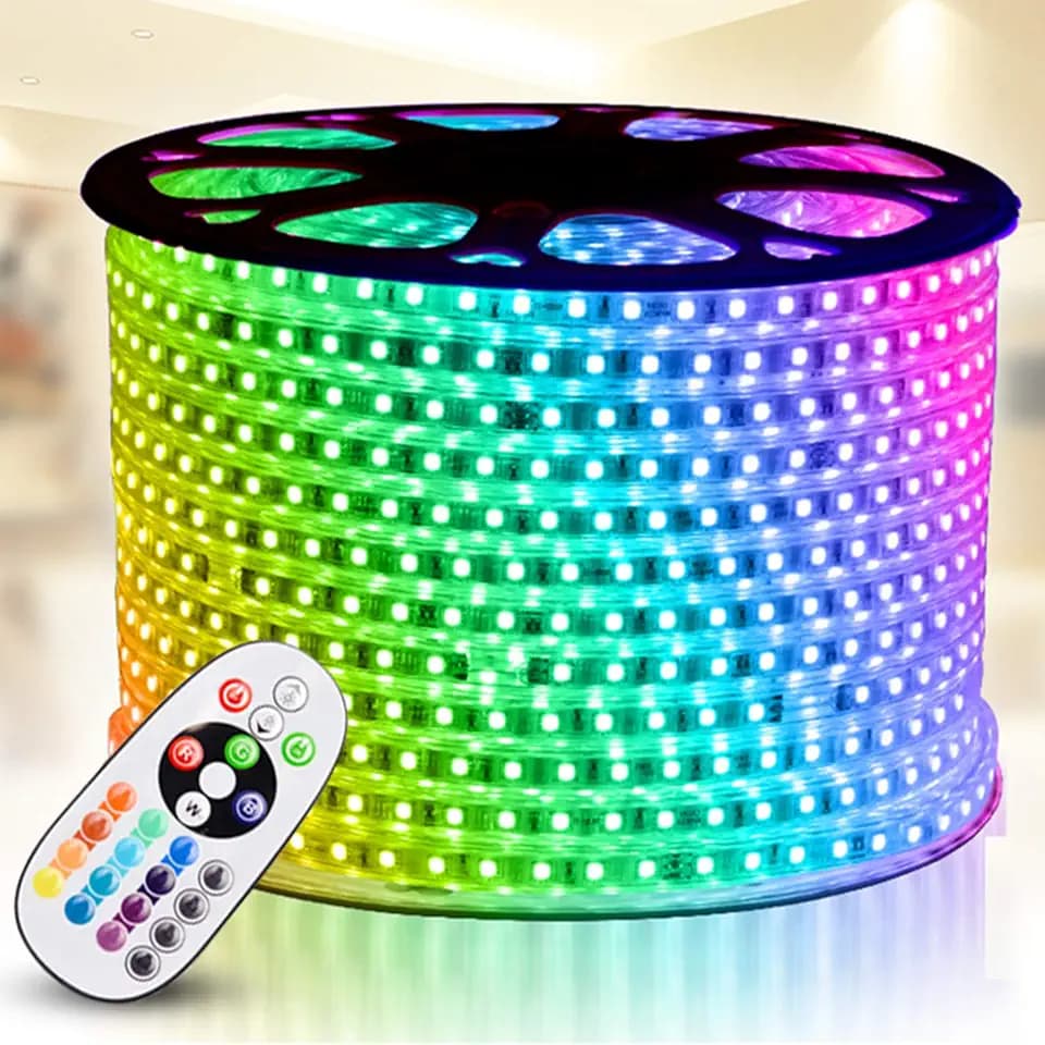RGB LED Strip Light, AC 110-120V Flexible/Waterproof/Multi Colors/Multi-Modes Function/Dimmable SMD5050 LED Rope Light with Remote for Home/Office/Building Decoration (164ft/50m)