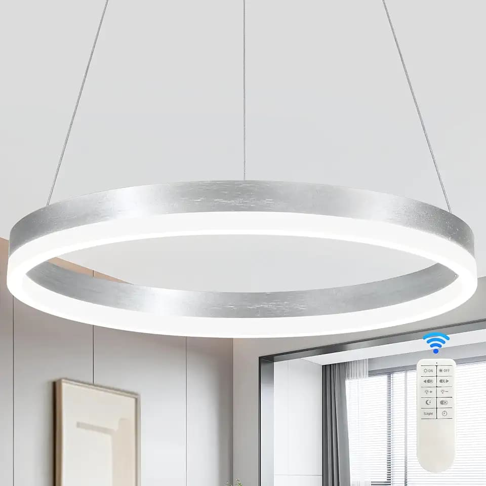 20" Modern Nickel Led Chandelier Ring Dimmable LED Chandeliers with Remote Control for Kitchen Island Height Adjustable Chandelier Led Pendant Light for Living Room Dining Room Bedroom Foyer