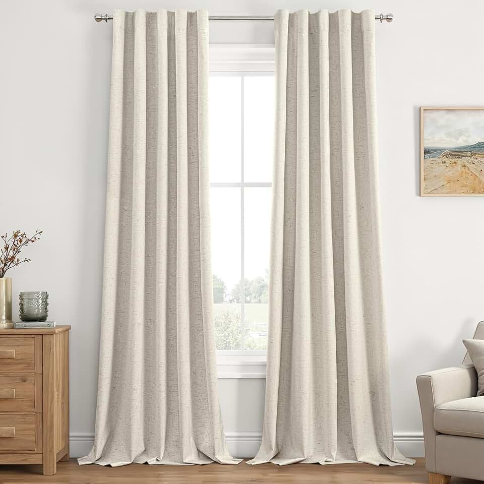 EMEMA Cream Beige Linen Blackout Curtains 2 Panels W42xL120 Inch Back Tab