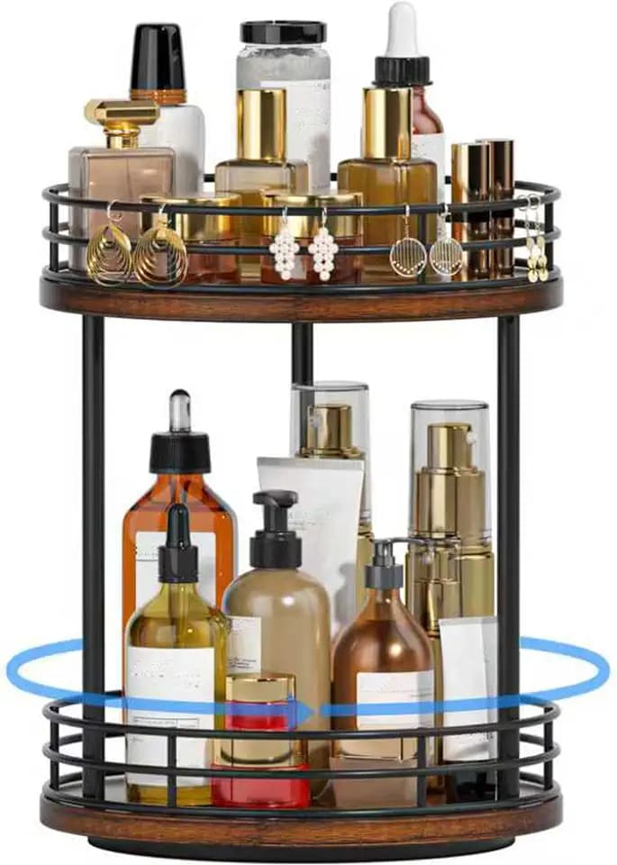 2-Tier Rotating Bathroom Countertop Organizer, Wooden Makeup Vanity Storage, Multifunctional Lazy Susan Turntable for Skincare, Perfume and Cosmetics (Brown)
