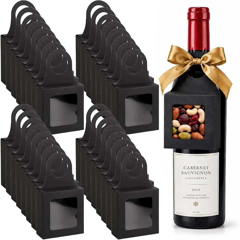 chiazllta 30 Pcs Kraft Paper Wine Bottle Box with Visible Window Handles Hanger Foldable Wine Bottle Empty Gift Boxes for Champagne Bottles Boxes Valentines Wedding Festival Party Birthday Black