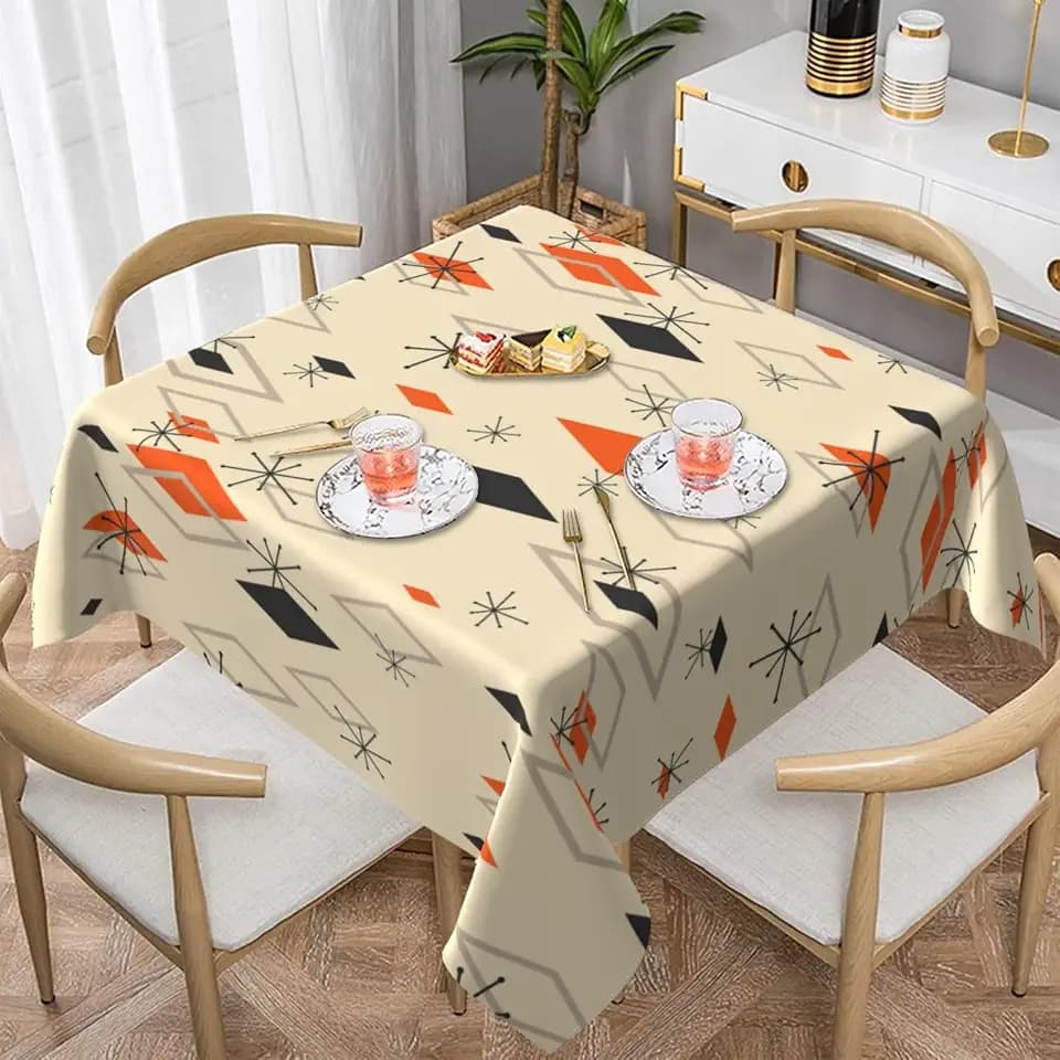 Mid Century Tablecloth, Modern Orange Black 1950s Boho Atomic Pattern Table Cloth for Holiday Home Picnic Party Wedding Buffet Parties Campin,55"x55"