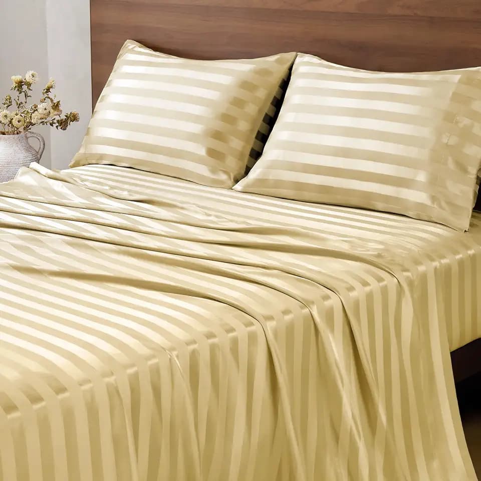 BEDELITE Jacquard Striped Satin Sheet Queen Size, Champagne, 4 Pieces