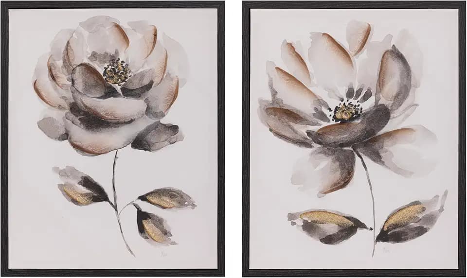 Galley Solutions Set of 2 Large Framed Floral Canvas Art - 17x21 Black and White Floral Prints with Texture Embellishments for Home or Office Décor