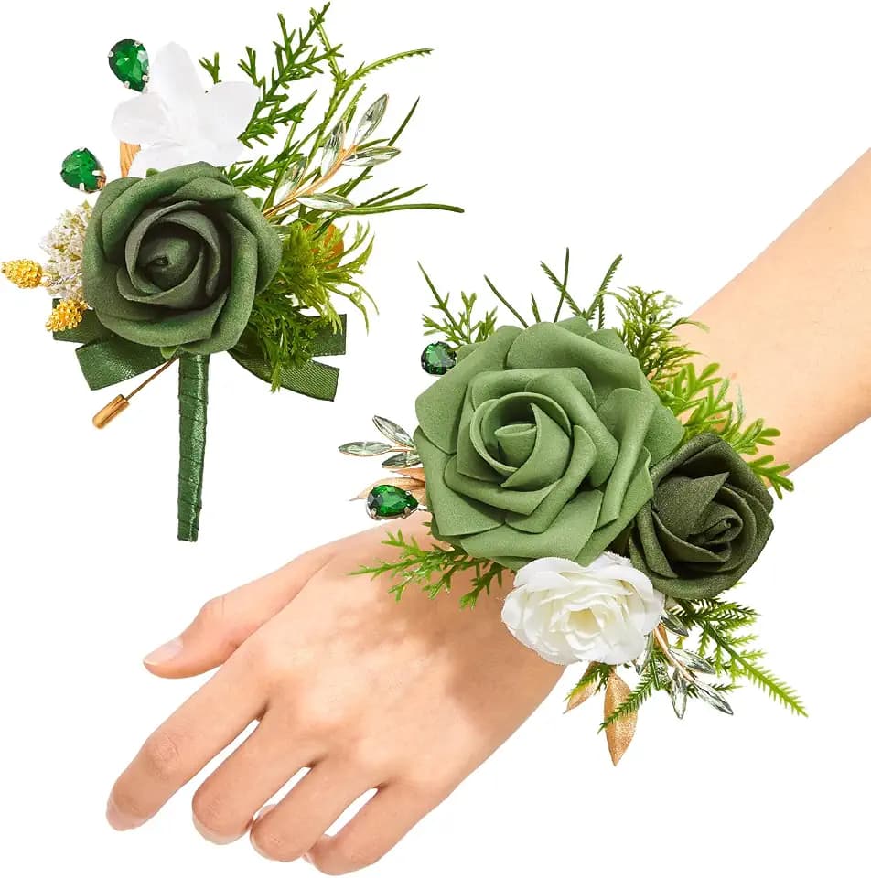 Serwalin Green Wrist Corsage and Boutonniere Set Wedding Prom Flowers