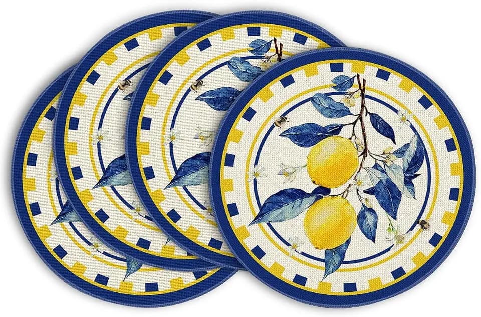 Artoid Mode Lemon Branches Summer Round Thanksgiving Placemats Set of 4, 14 Inch Round Table Mats for Dining Decoration