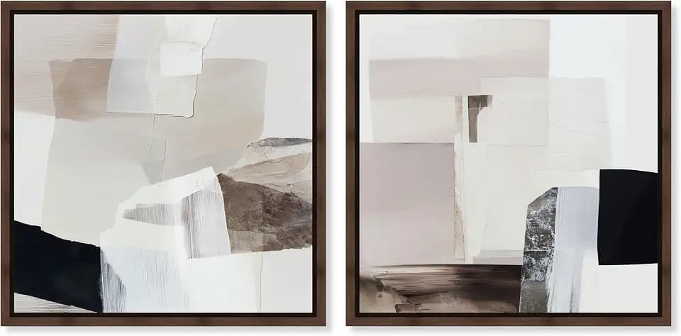 Smoked Blocks Duo Framed Canvas Print Boho Wall Decor Set by Art Remedy, Walnut Frame, 30 x 30