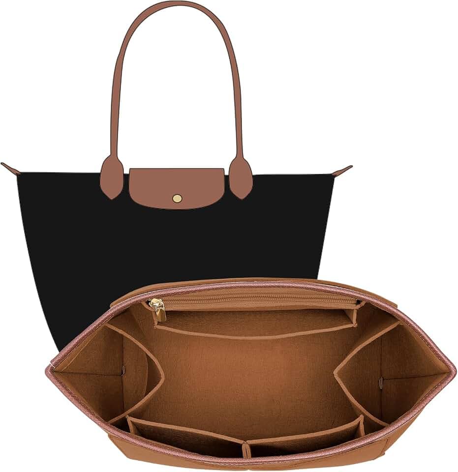 Felt Purse Organizer Insert for Longchamp Le Pliage L Bag Handbag Leather edge Longchamp Organizer Insert (Brown, Large)