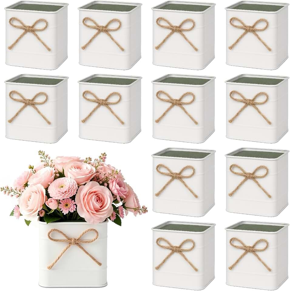 12 Pack Enlarged White Galvanized Square Vases with Floral Foam Supplies
