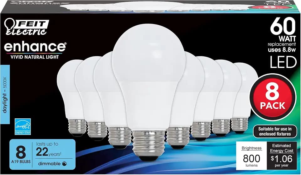 Feit Electric A19 LED Light Bulbs, 60W Eq, Dimmable, Daylight 8 Pack
