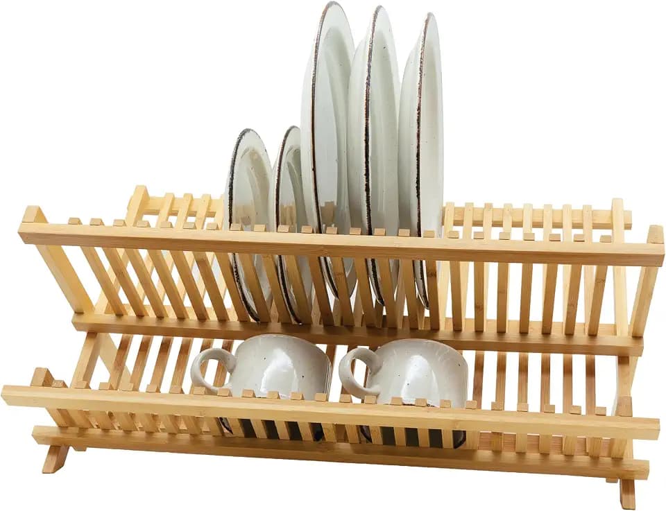 Oggi 2 Tier XL Folding Bamboo Dish Drying Rack, Large Foldable Dish Rack for Kitchen Counter, Bamboo Plate Drying Rack, Collapsible Dish Drainer with 16 Plate Slots