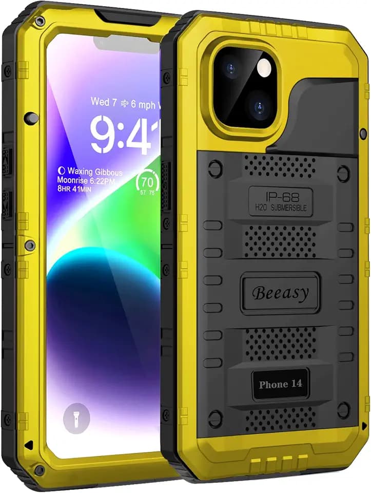 Beeasy für iPhone 14 Wasserdicht Outdoor Hülle (6,1"), Stoßfest Panzerhülle Militär 360 Grad Schutzhülle mit Displayschutz, Robust Metall Heavy Duty Handyhülle iPhone 14 Case, Gelb