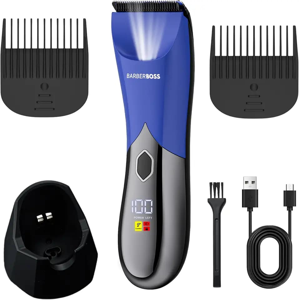 BarberBoss Herren Trimmer für Körper und Intimbereich, wiederaufladbarer blauer Schamhaarschneider mit Turbo Geschwindigkeit, USB-C, LED-Display und wasserdichtem