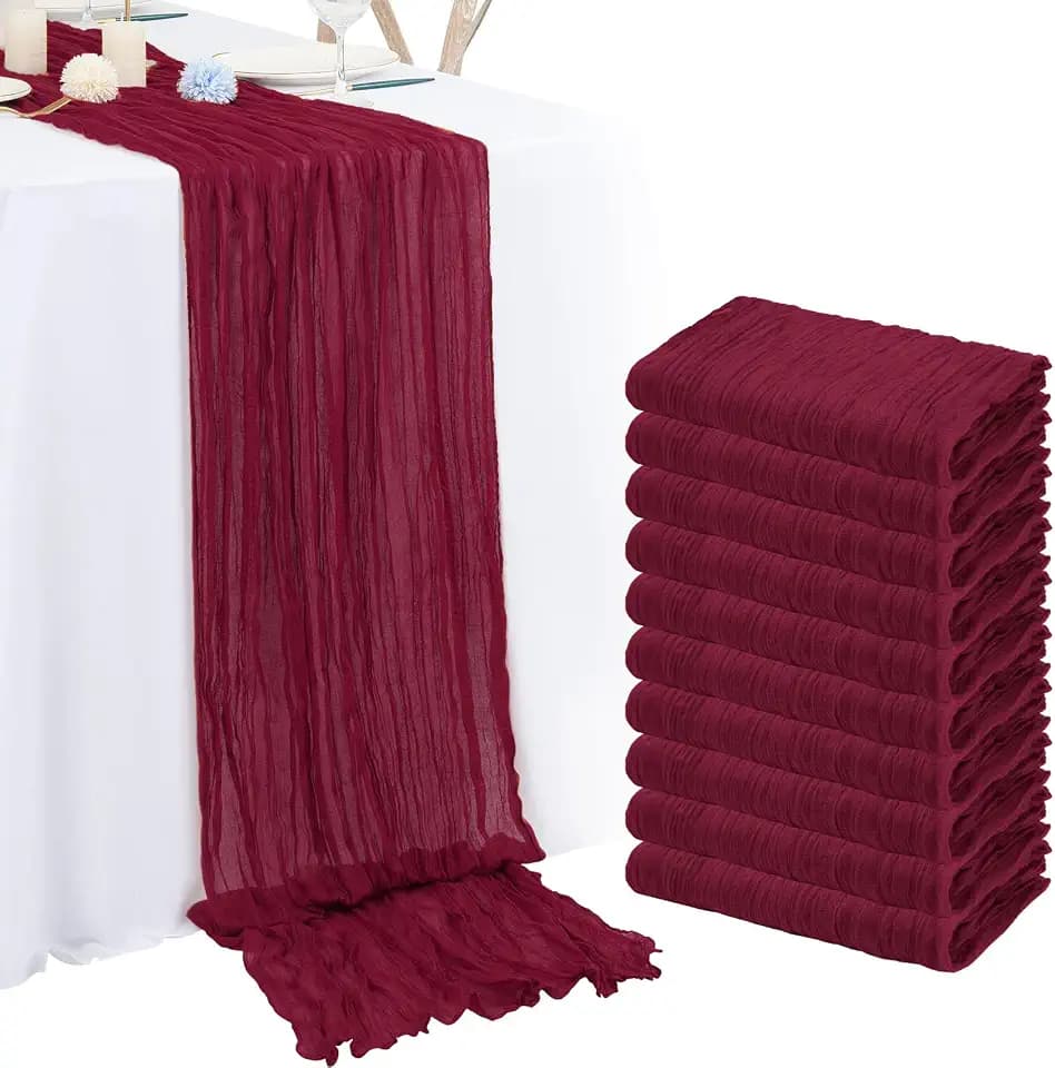 10 Pack Burgundy Red Christmas Table Runner 10FT Cheesecloth Boho Rustic Gauze 20 x 120 Inch Cheese Cloth Runner for Wedding Party Bridal Shower Thanksgiving Christmas Decoration