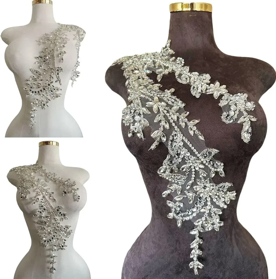 Handmade Rhinestone Applique Crystal Applique for Evening Dresses Bridal Gowns Dance Costumes Embellishments (Silver)