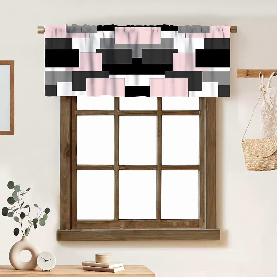 Pink and Black Valance Curtain Gray White Geometric Silver Dark Abstract Square Art Rod Pocket Valance Window Treatments Short Curtains for Kitchen Living Room Decor 54x18inch