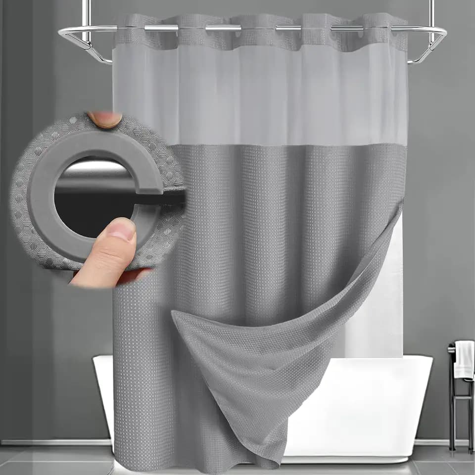 No Hook Shower Curtain with Liner Set Hotel Waffle Curtain Grey 78W X 75L