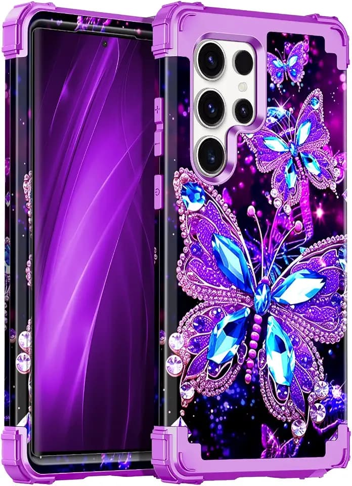 for Galaxy S22 Ultra 5G Case,Glow in The Dark Three Layer Heavy Duty Shockproof Full Body Protection Hard Plastic Bumper+Soft Silicone Case for Samsung Galaxy S22 Ultra 6.8 inch,Dark Butterfly