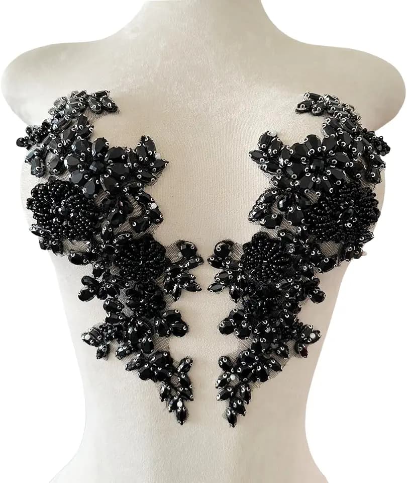 Handmade Shining Rhinestones lace Applique Patches Sewing Beads Sequins Stone Trim Accessories for Wedding Dress 1 Pair/Bag 11X4.3inches (Black)