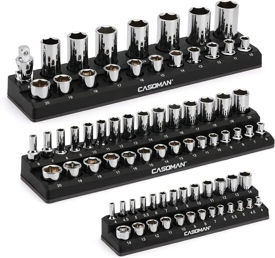 CASOMAN 3PCS Magnetic Socket Organizer, Socket Holder Kit, 1/2-inch, 3/8-inch, 1/4-inch Drive, Holds 75 Metric Sockets, Black Color, Professional Quality Tools Organizer