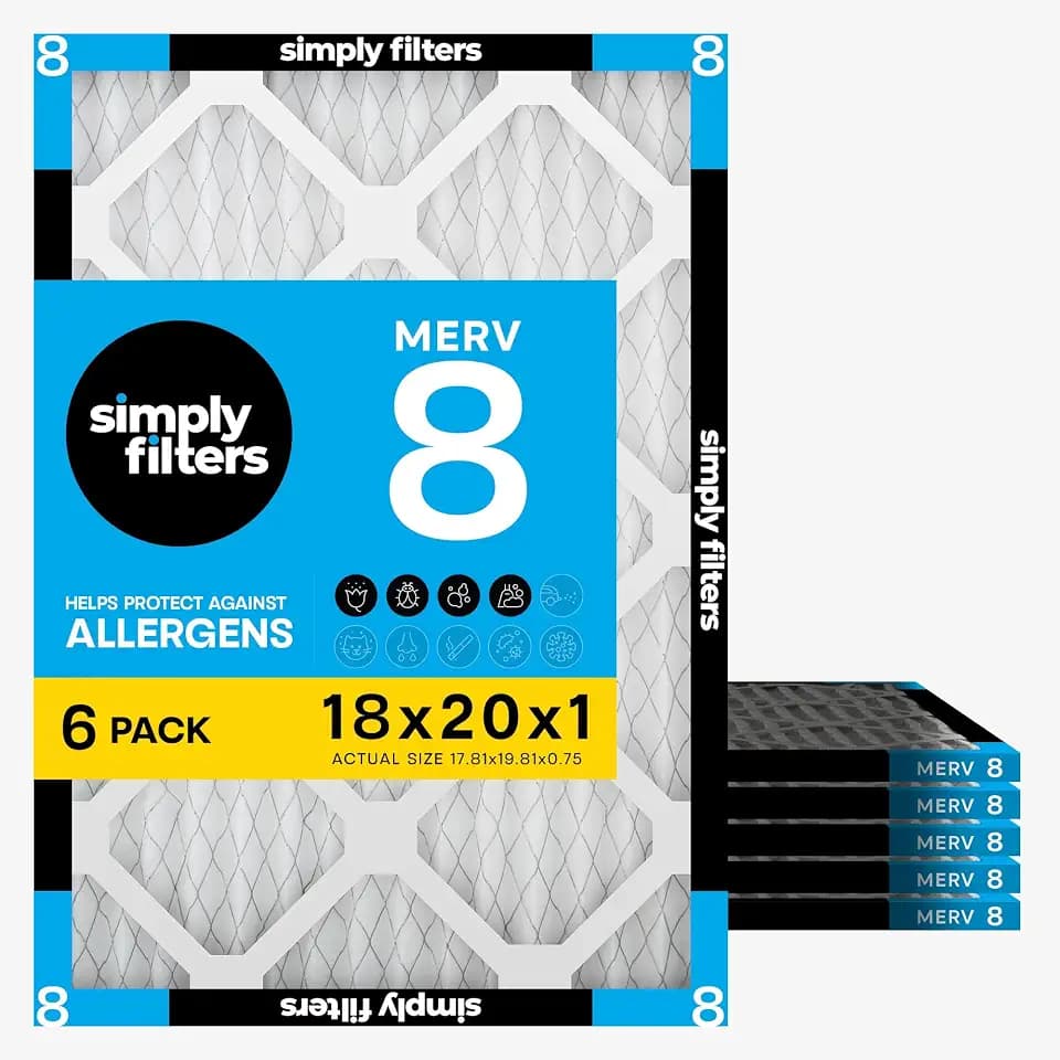 Simply 18x20x1 Air Filter, MERV 8, 6 Pack, For Home AC Furnace & HVAC (Actual Size: 17.81"x19.81"x0.75") DUST, Pet & Allergy Control,