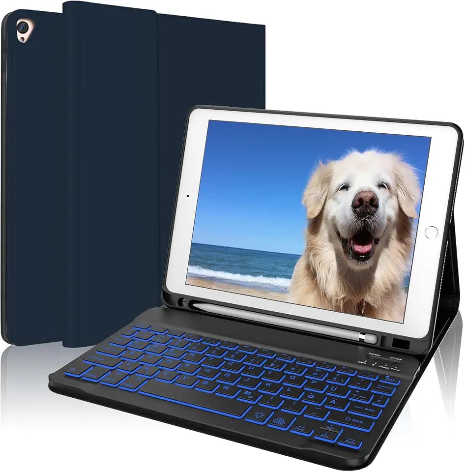 AVNICUD Tastatur Hülle für iPad 10.2 Zoll 9/8/7 Generation - Soft TPU Schutzhülle mit Stifthalter, 7-Farbige Beleuchtung Magnetisch Abnehmbarer Bluetooth Keyboard mit QWERTZ Layout, Dunkelblau