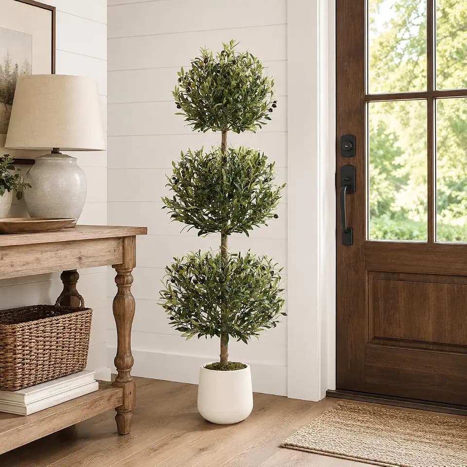 OUTLANE 5FT Artificial Olive Tree, Triple Ball Topiary Faux Plant for Indoor Outdoor Front Porch Decor, UV Resistant Realistic Potted Fake Tree, 3-Ball Olive Shrub with Modern Pot & Moss, 1 Pack