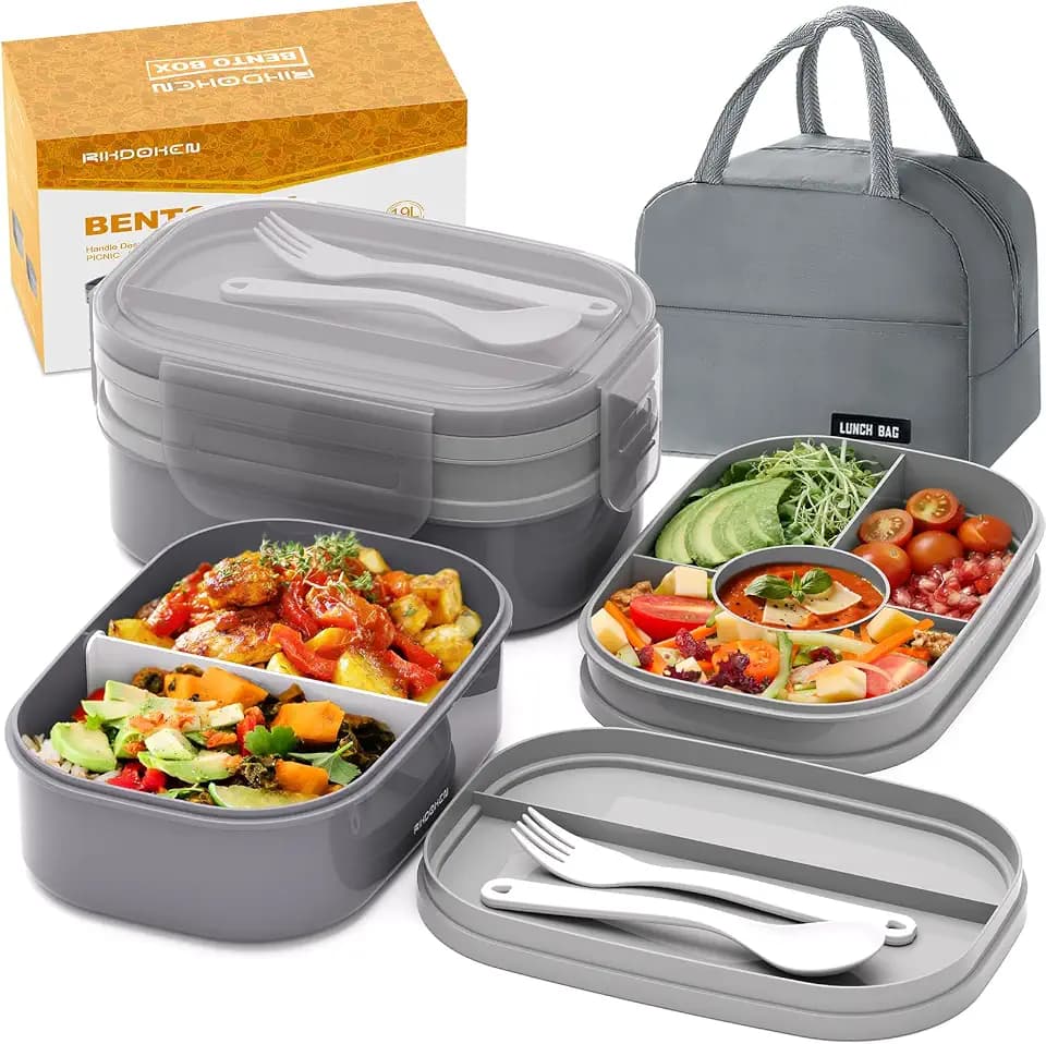 RIKDOKEN Bento Lunch Box, Stackable 2 Layers Containers with Compartments, Portable 64OZ Large Capacity Leakproof Bento Box with Spoon & Fork & Lunch Bag, Microwave Safe Lunch Box for Kids and Adults