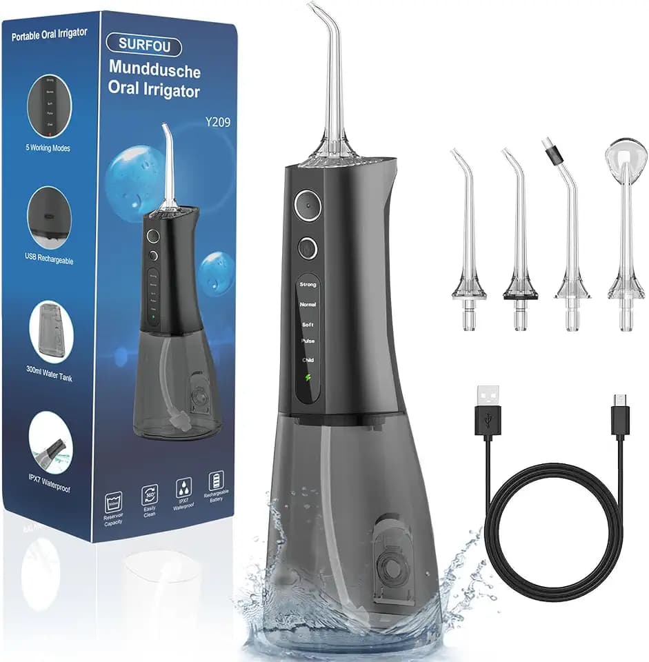 SURFOU Munddusche Kabellos Water Flosser for Teeth, Elektrische Wasserflosser für Zähne Oral Irrigator Zahndusche Wasser Zahnreiniger, Zahnzwischenraumreiniger Zahnseide Elektrisch