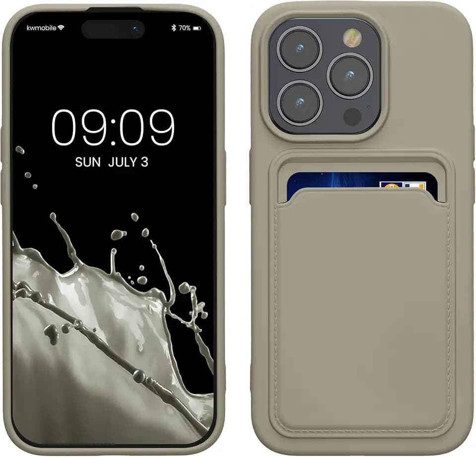 kwmobile Case Compatible with iPhone 15 Pro Case - TPU Phone Cover with Credit Card Holder - Light Grey Matte