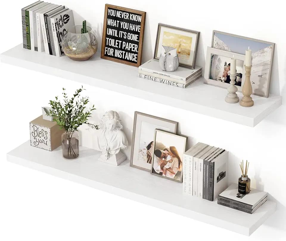 48 Inch Floating Shelves, 12 Inch Deep Floating Shelves for Wall, Extra Deeper & Thicker Wooden Wall Shelf with Invisible Brackets, Shelf for Bedroom Living Room Home Decor(White, Set of 2)