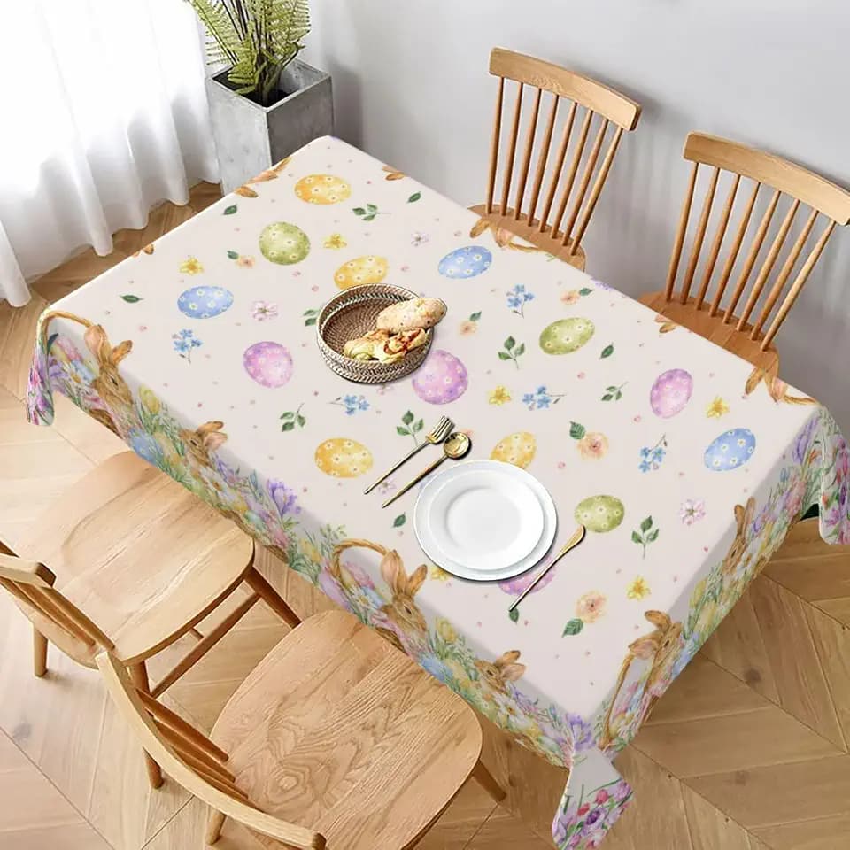 Easter Eggs Tablecloth Bunny Egg Rectangle Table Cloth Washable Table Cover Waterproof for Decoration Kitchen Dining Room 60x90 Inch