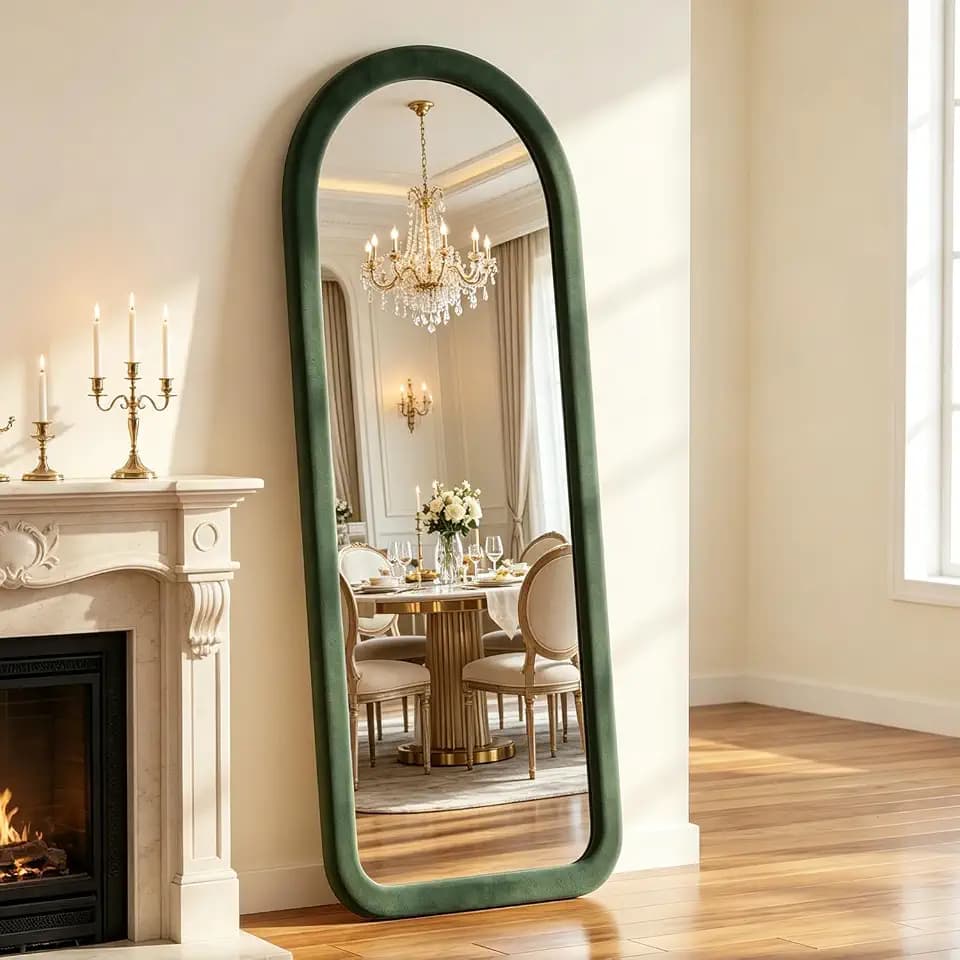 Full Length Mirror 56"x20" Arch Floor Mirror with Stand Arched Full Body Mirror Standing Hanging or Leaning Against Wall for Bedroom Flannel Wrapped Wooden Frame, Green