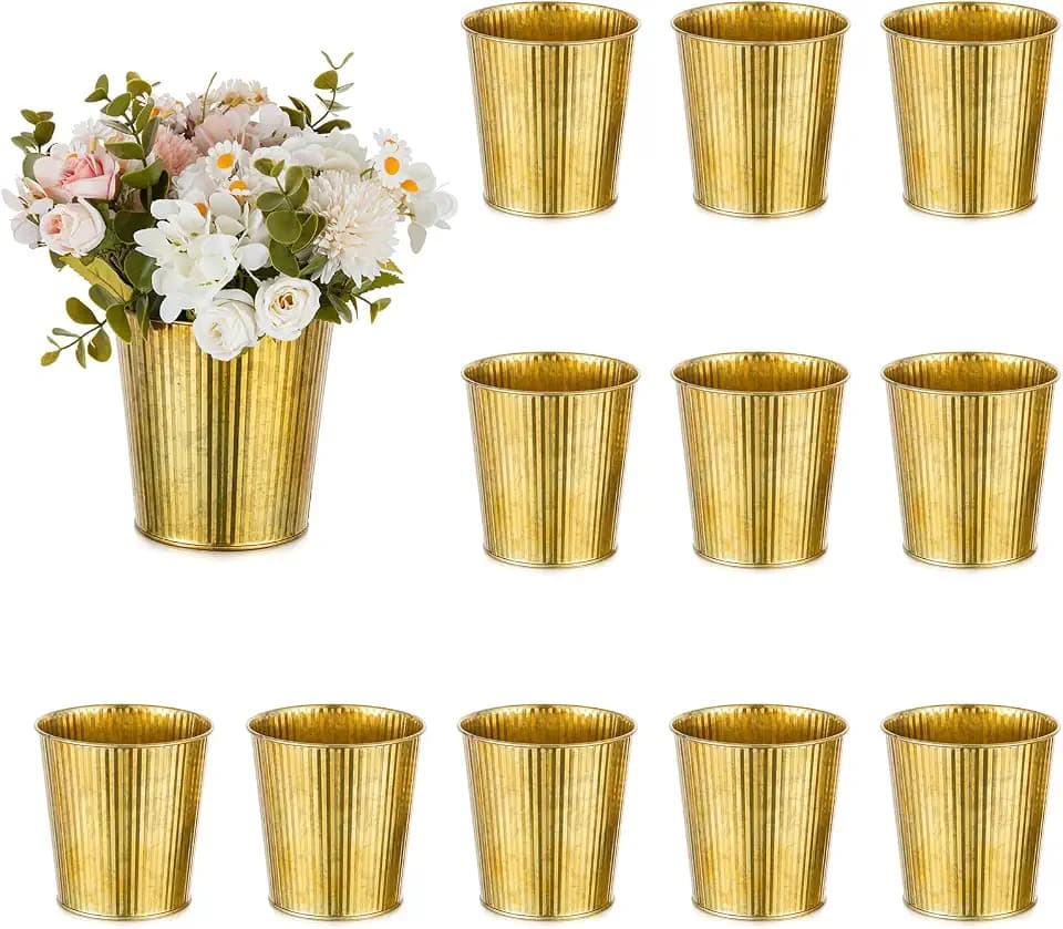 NUPTIO Gold Galvanized Vases for Centerpiece, 5" Small Ribbed Vase, 12 Pcs