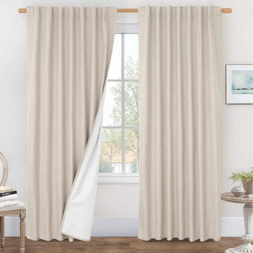 LAMIT Oatmeal 100% Blackout Linen Curtains 84 Inch for Living Room 2 Panels