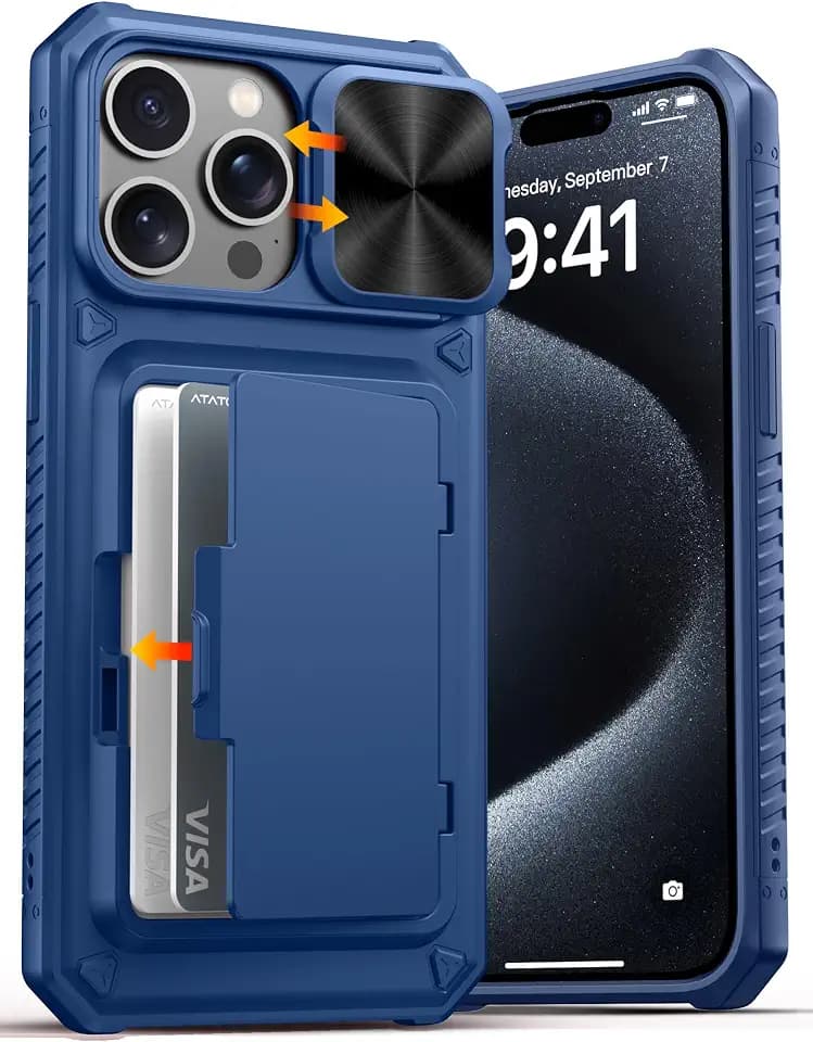 ATATOO for iPhone 15 Pro Max Wallet Case with Card Holder (3-5 Cards), Blue