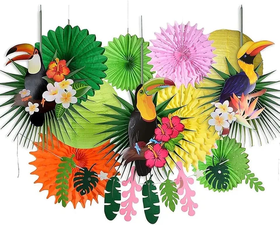 SUNBEAUTY Hawaii Party Deko Sommer Party Dekorationen Gartenparty Geburtstagsdeko Tropische Vogel Grün Blatt Girlande Papier Laternen für Tropische Sommer Beach Party Deko