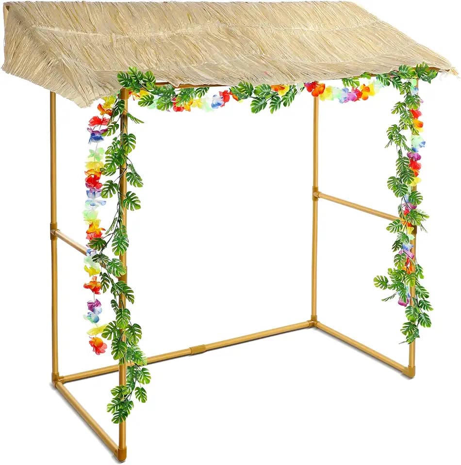 Jexine Tiki Bar Hut Tropical Tabletop Hut with 2 Pcs Decorative Artificial Monstera Tropical Garland Fake Jungle Hanging Plants for Summer Hawaiian Luau Beach Pool Party Decorations